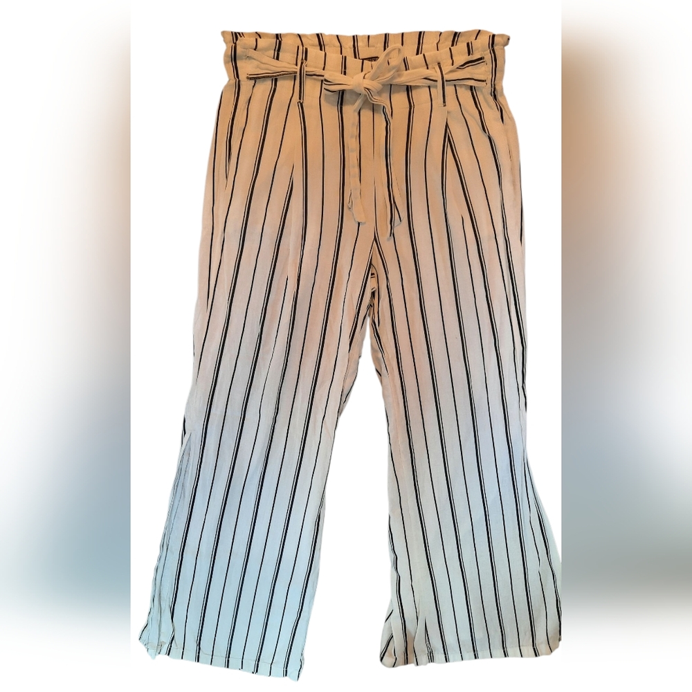 Rewash Pants Womans Medium White Black Stripes Linen Blend Wide Leg Belted Beach
